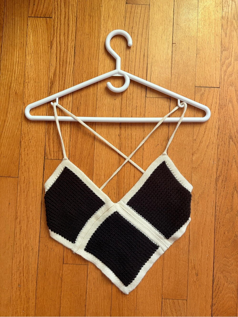 Black & Cream Crochet Crop Top with Crisscross Straps